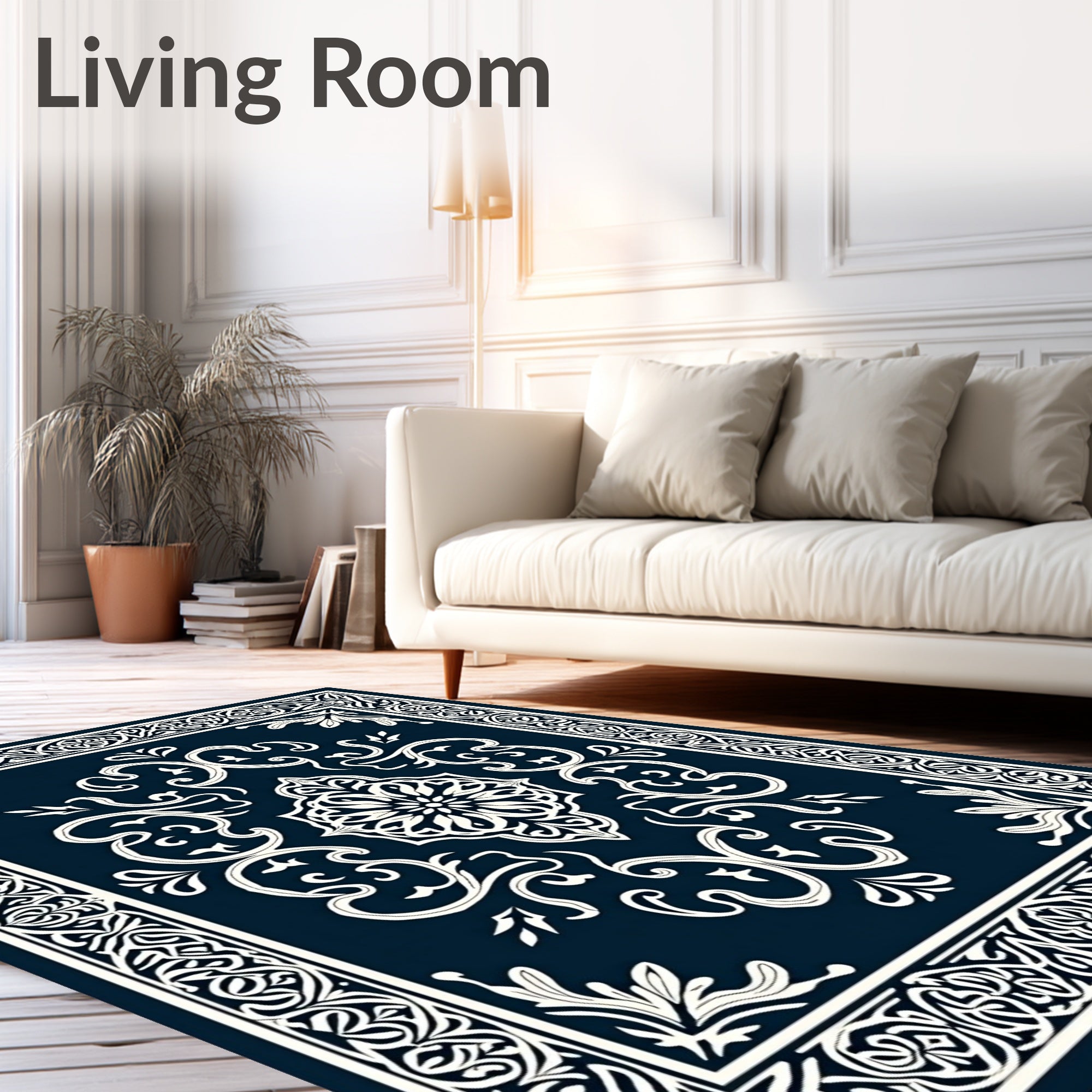 Dark Blue Cream Intricate Medallion Framing Rug