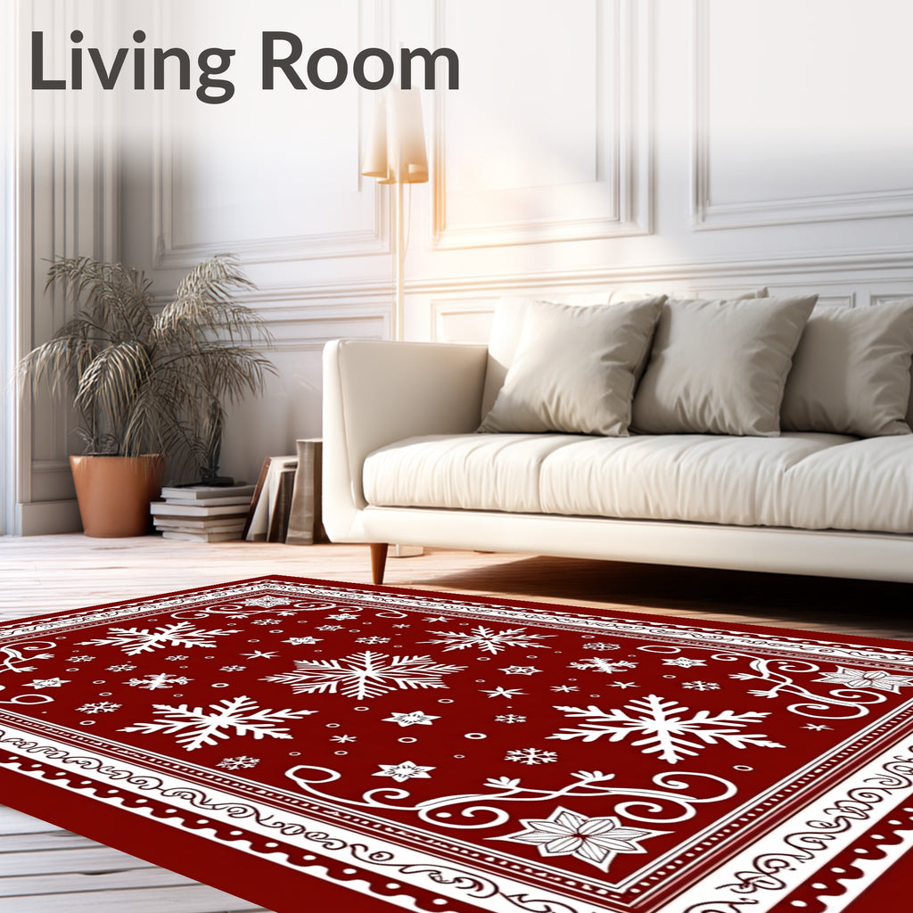 Deep Red Winter Snowflake Border Rug