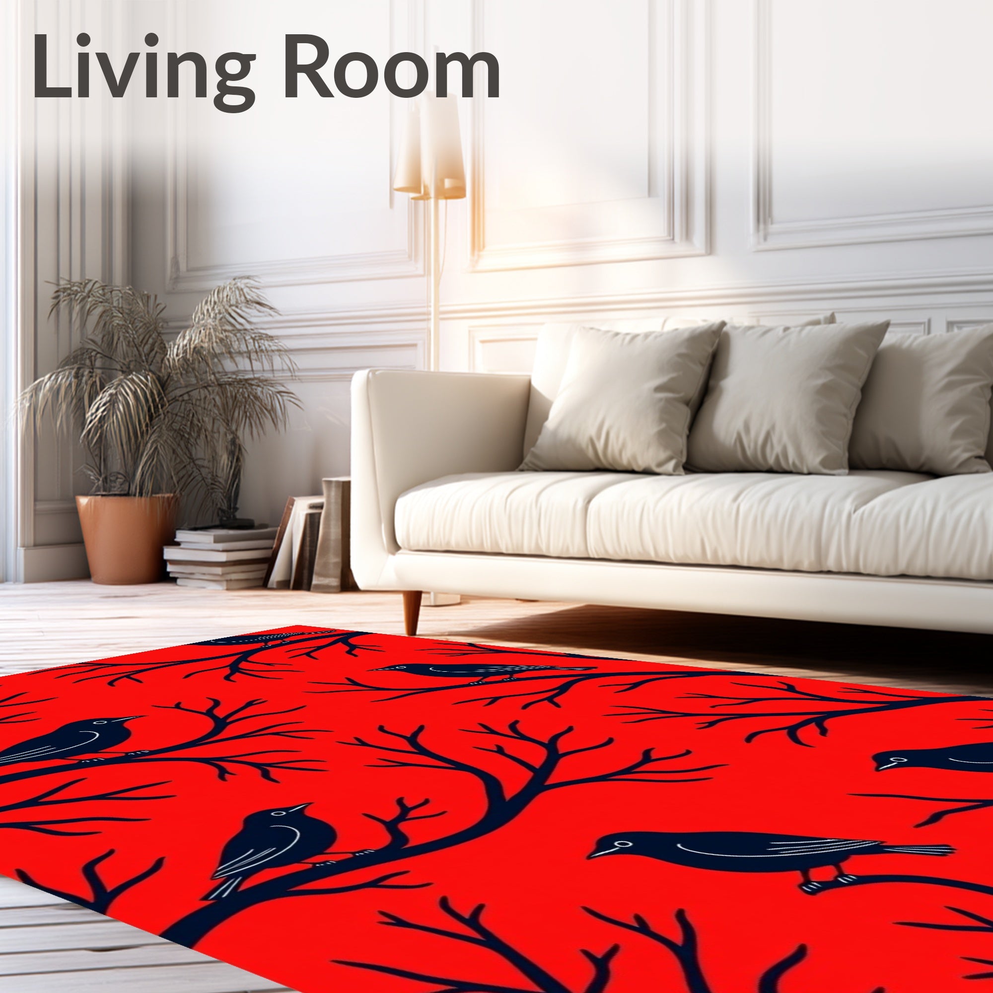 Crimson Red Black Bird Branches Rug