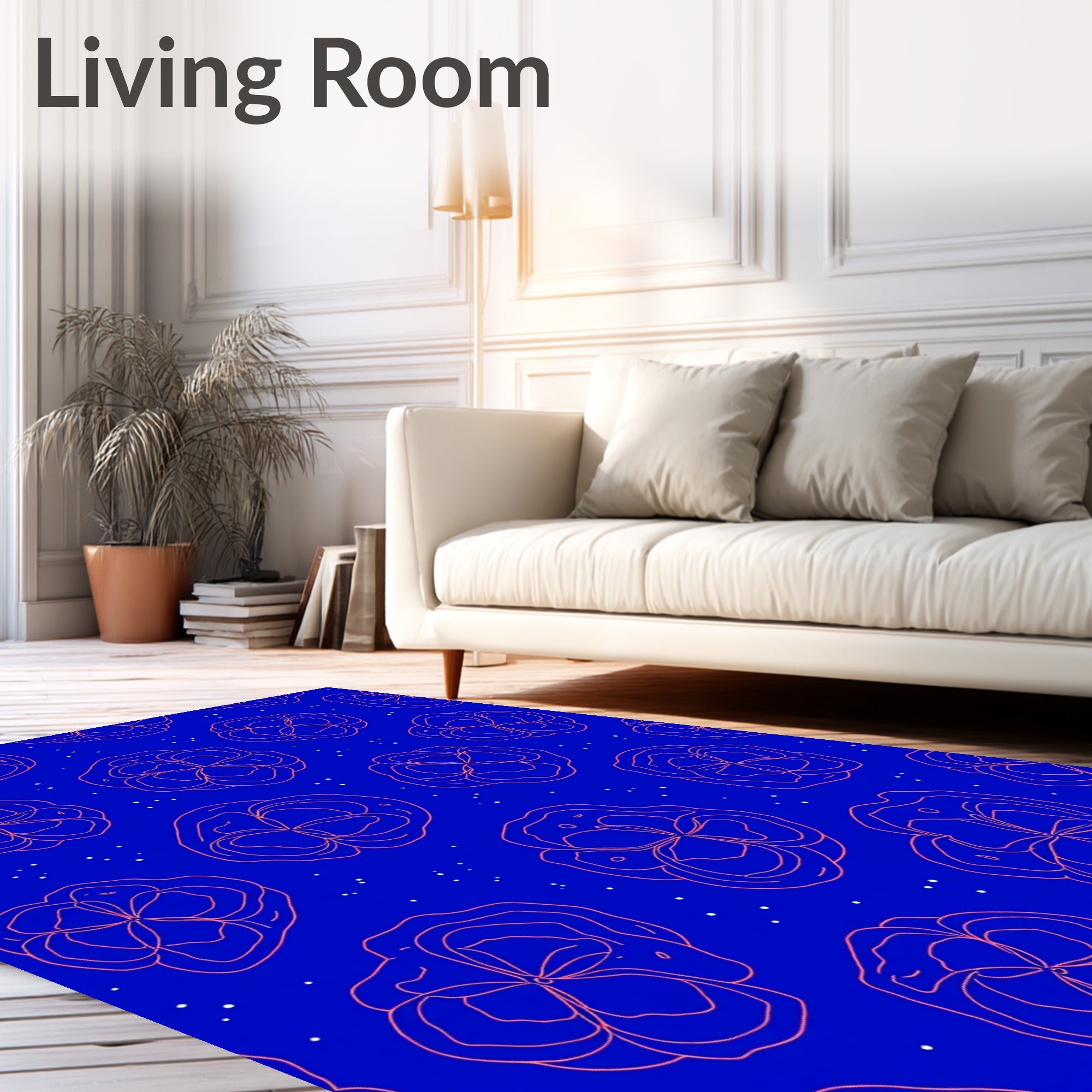 Vibrant Coral Flower Scatter Blue Background Rug