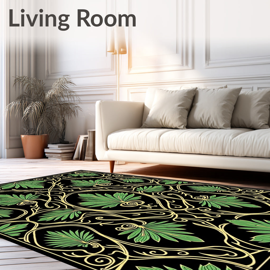Art Nouveau Green Leaf Swirl Black Rug