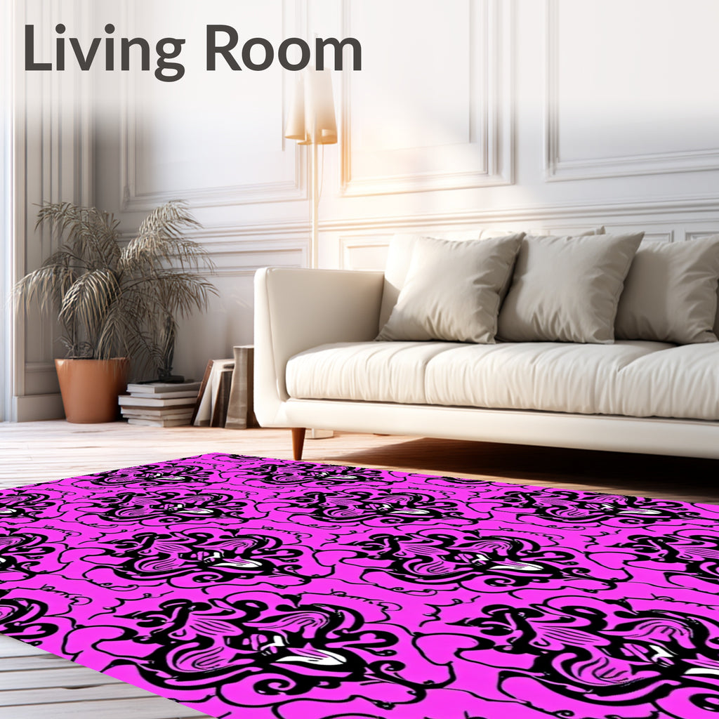 Vibrant Fuchsia Black Flourish Mandala Rug