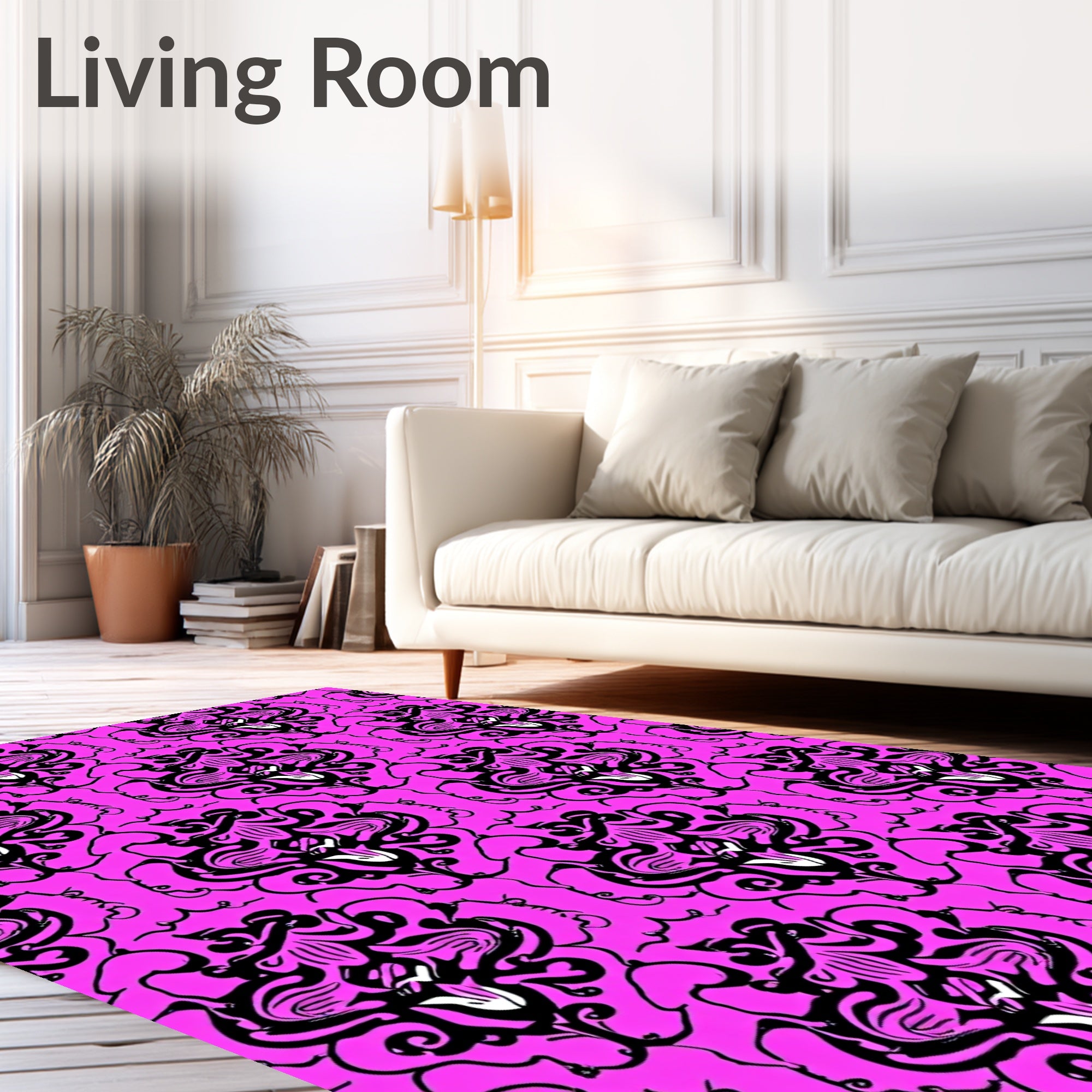 Vibrant Fuchsia Black Flourish Mandala Rug