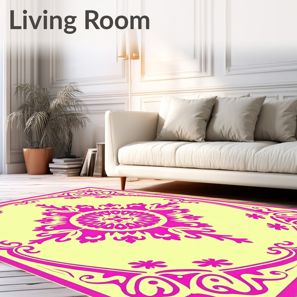 Bright Yellow Pink Floral Medallion Accent Rug