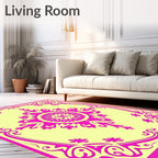 Bright Yellow Pink Floral Medallion Accent Rug