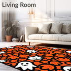 Spooky White Ghosts Orange Leafy Background Rug
