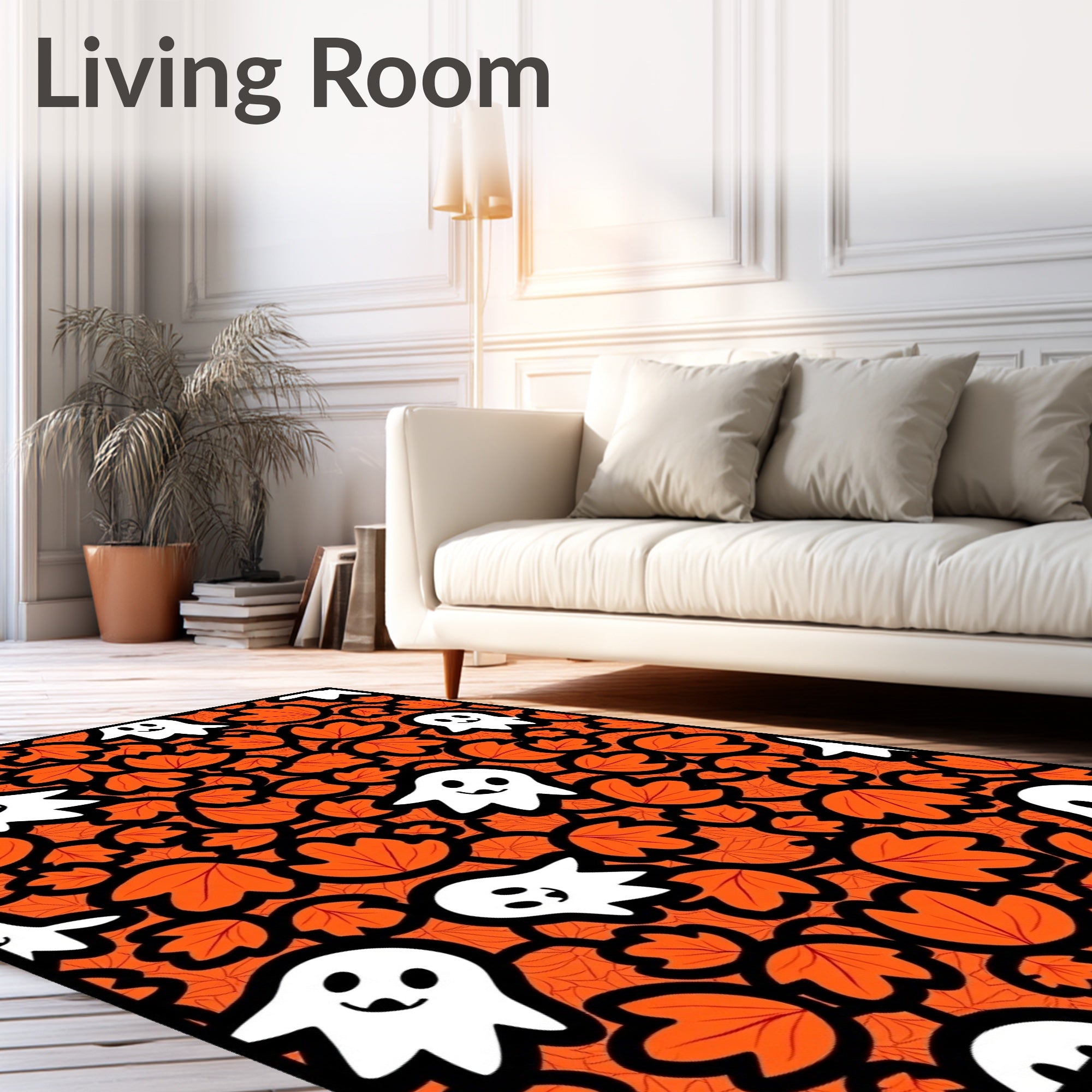 Spooky White Ghosts Orange Leafy Background Rug