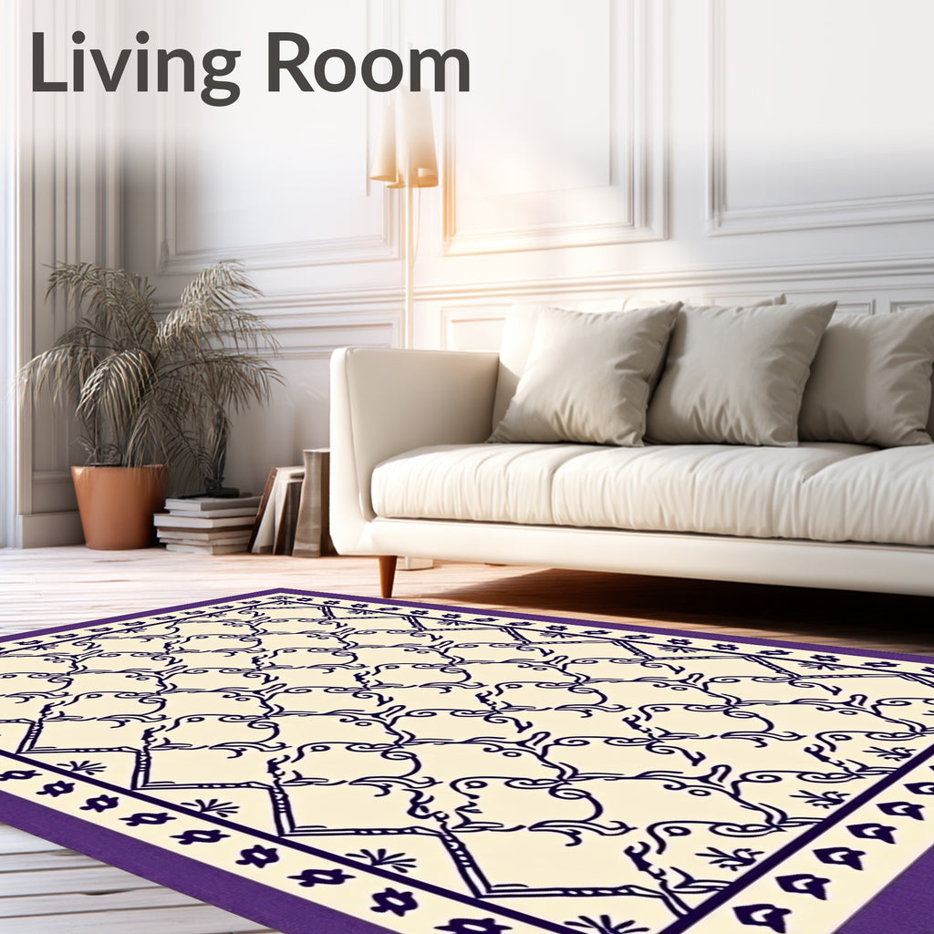 Elegant Ivory Lattice Purple Border Rug
