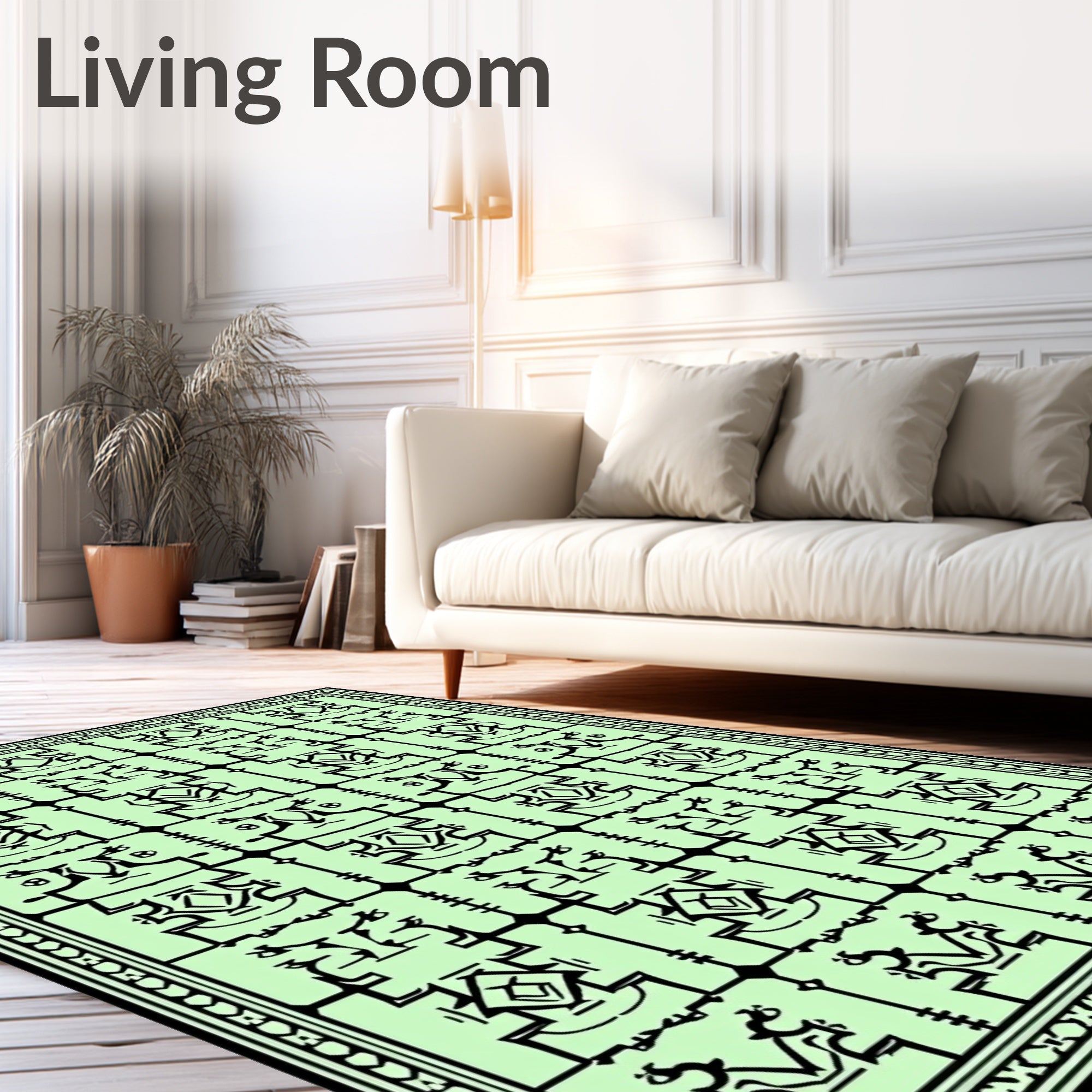 Light Green Black Linear Geometric Composition Rug