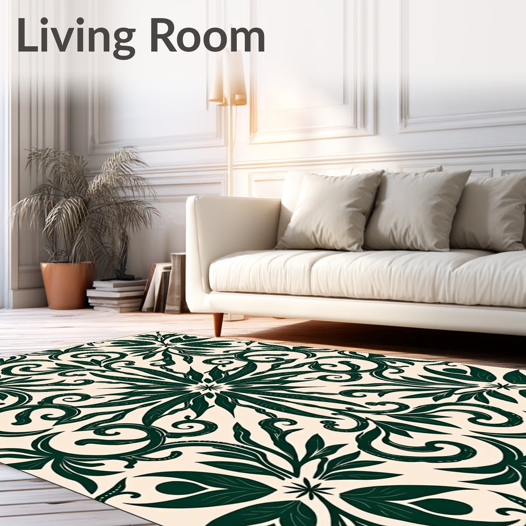 Dark Green Floral Medallion Scroll Rug
