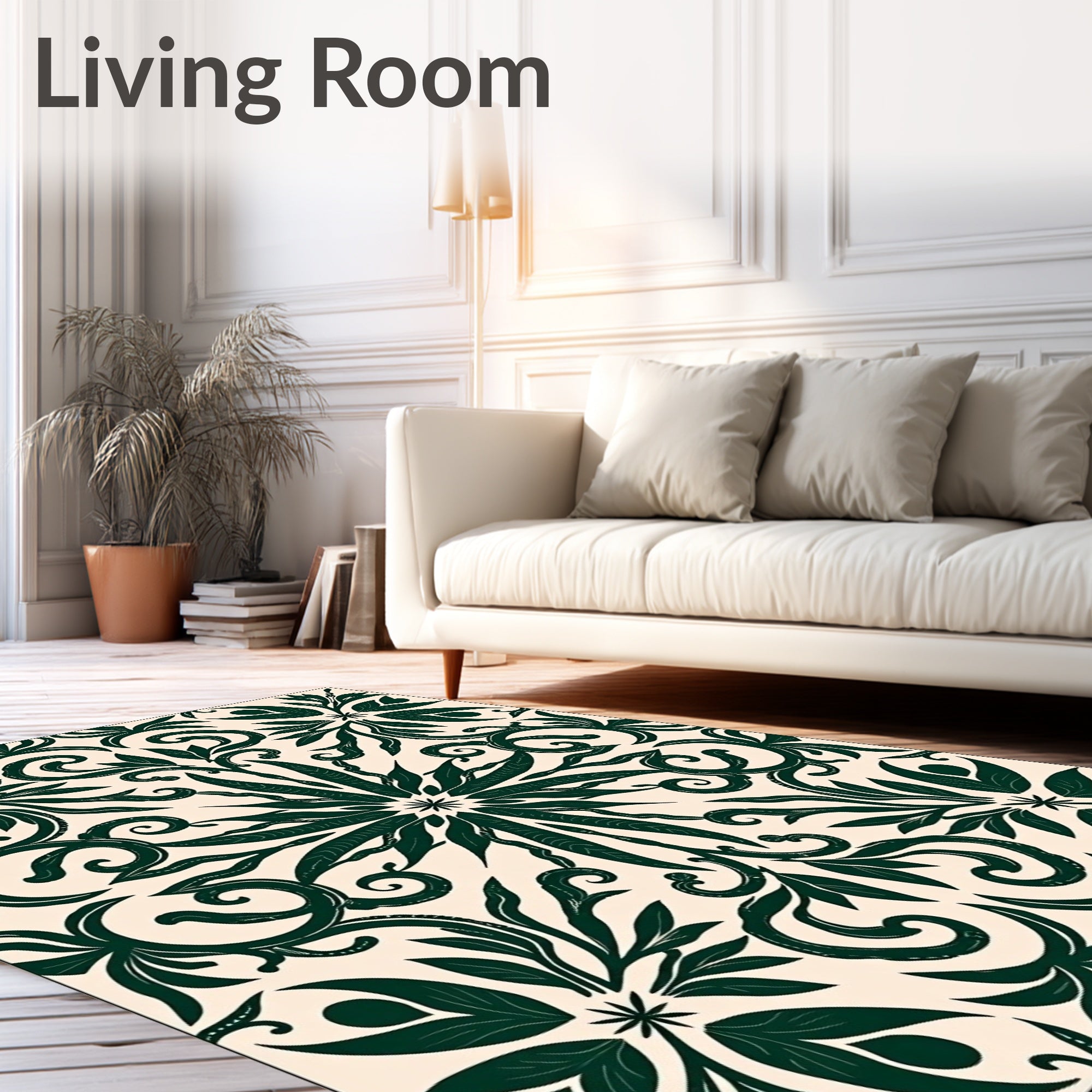 Dark Green Floral Medallion Scroll Rug