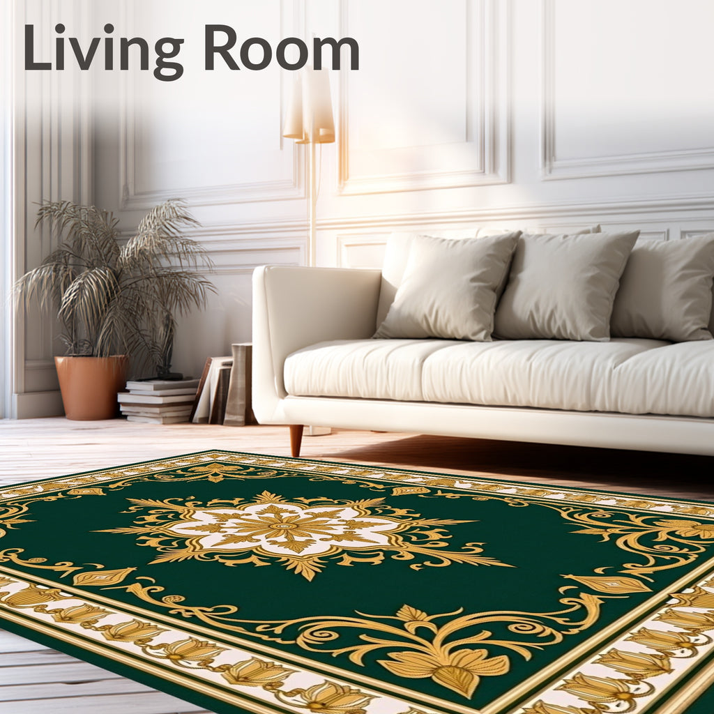 Emerald Gold Floral Medallion Border Rug