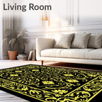 Golden Floral Scroll Border Black Rug