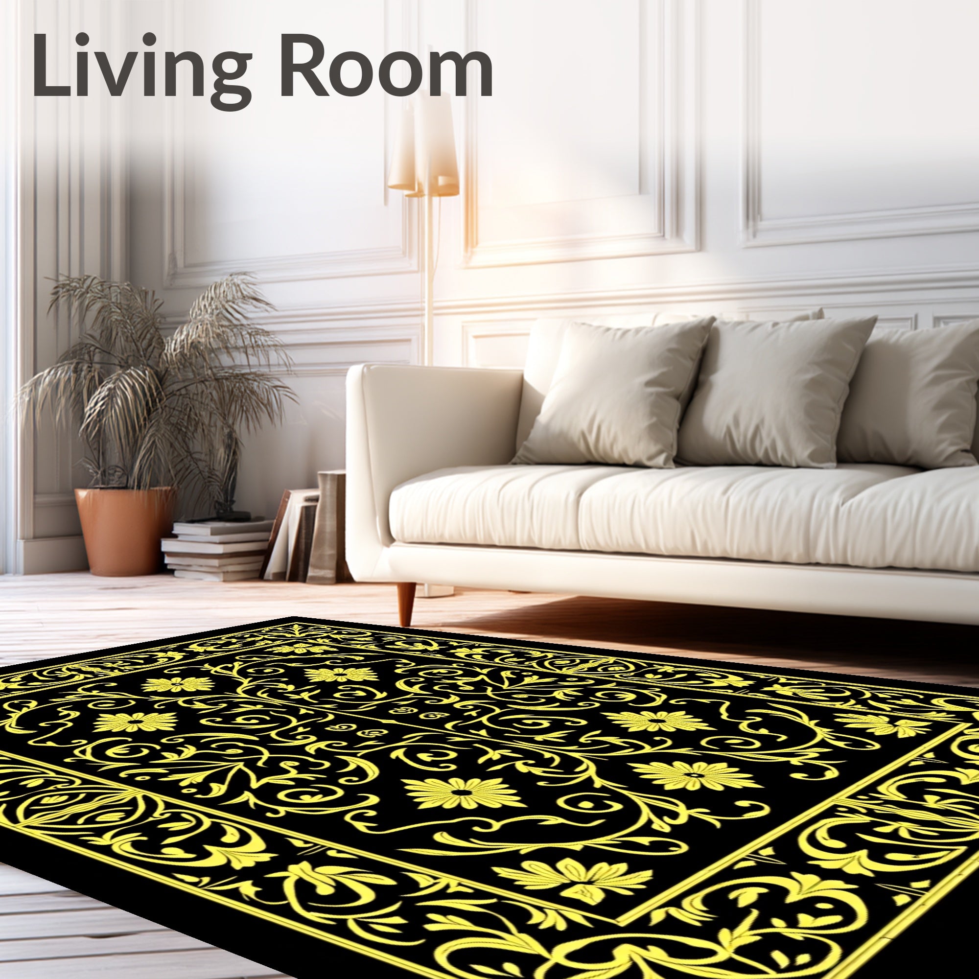 Golden Floral Scroll Border Black Rug