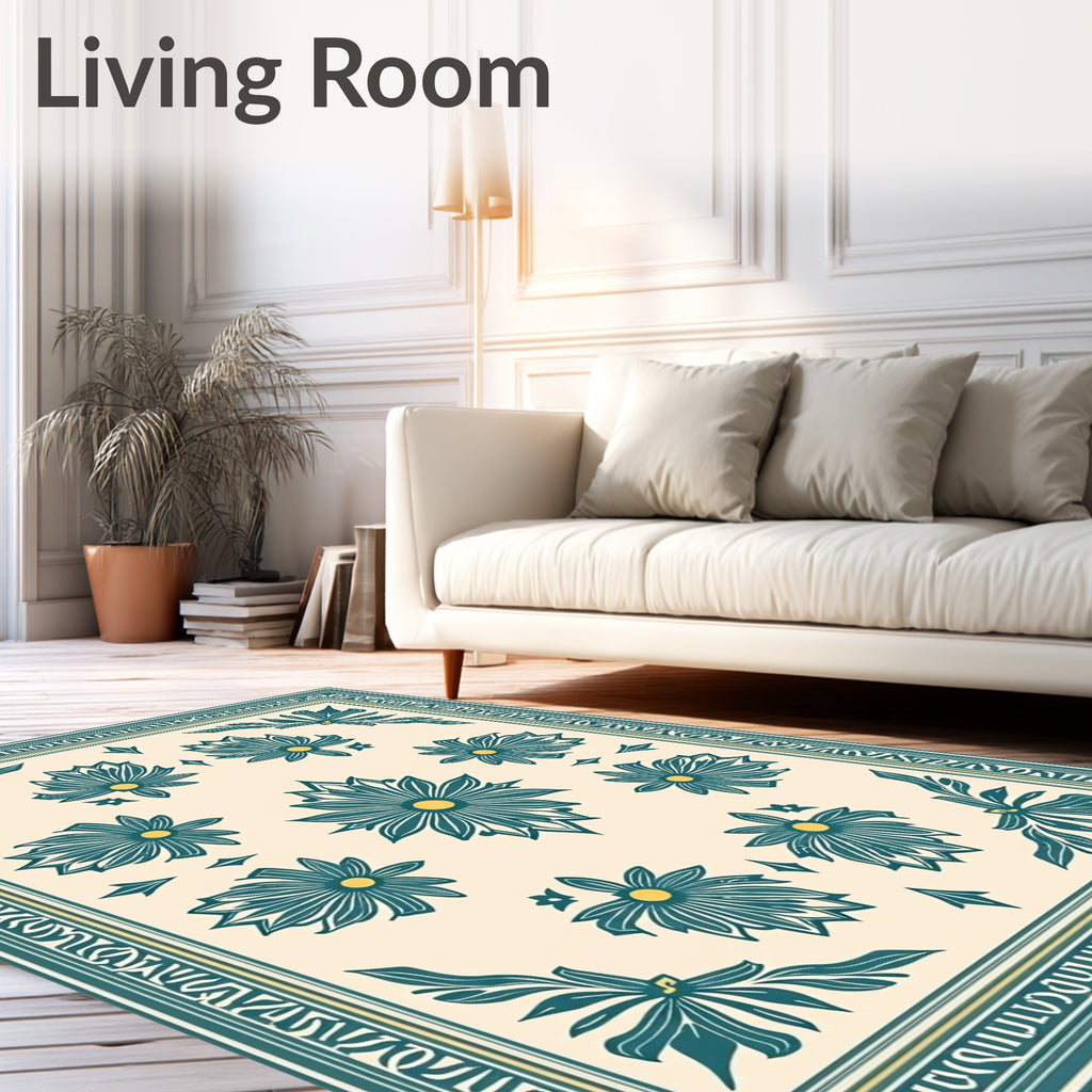Teal Floral Botanical Cream Rug