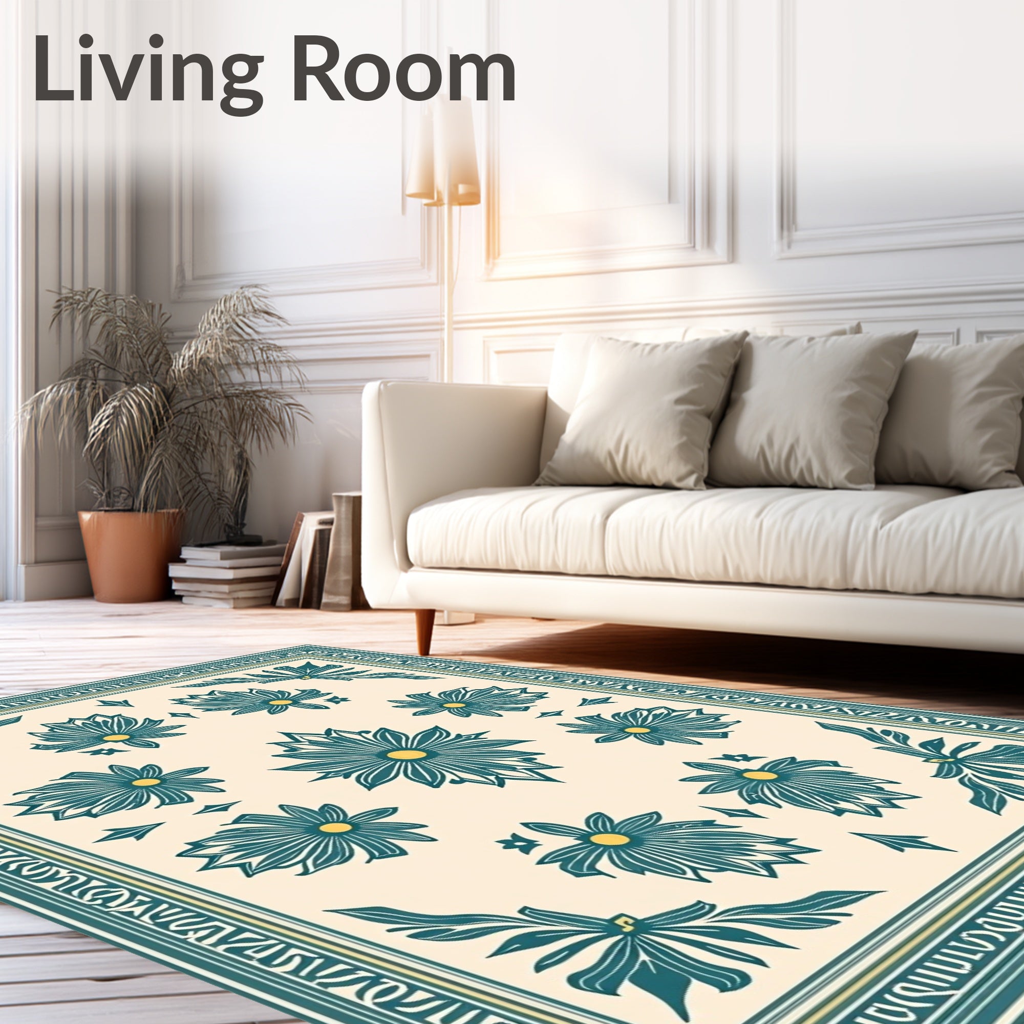 Teal Floral Botanical Cream Rug