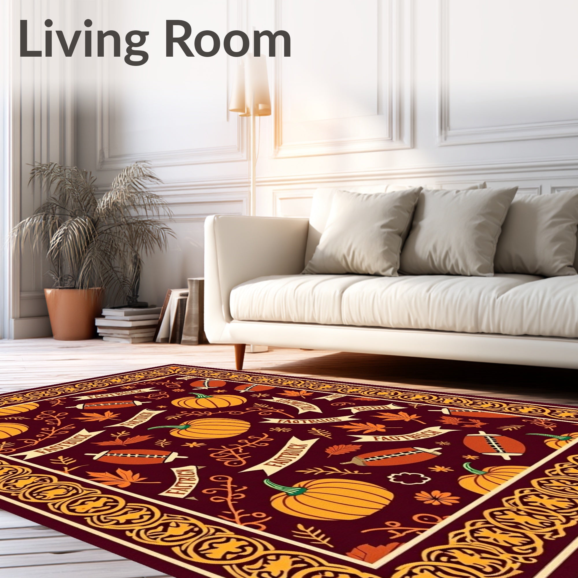 Pumpkin Football Autumn Leaves Border Rug