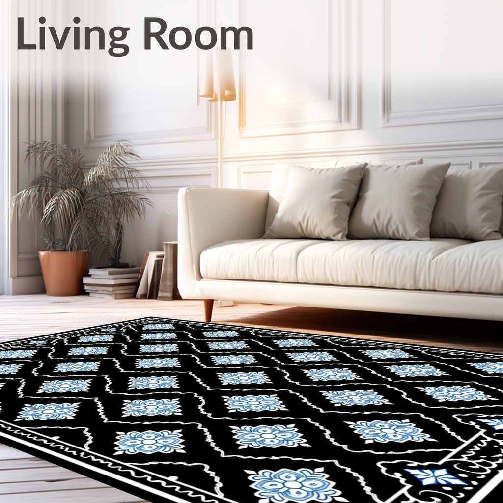 Black Blue Floral Diamond Medallion Rug
