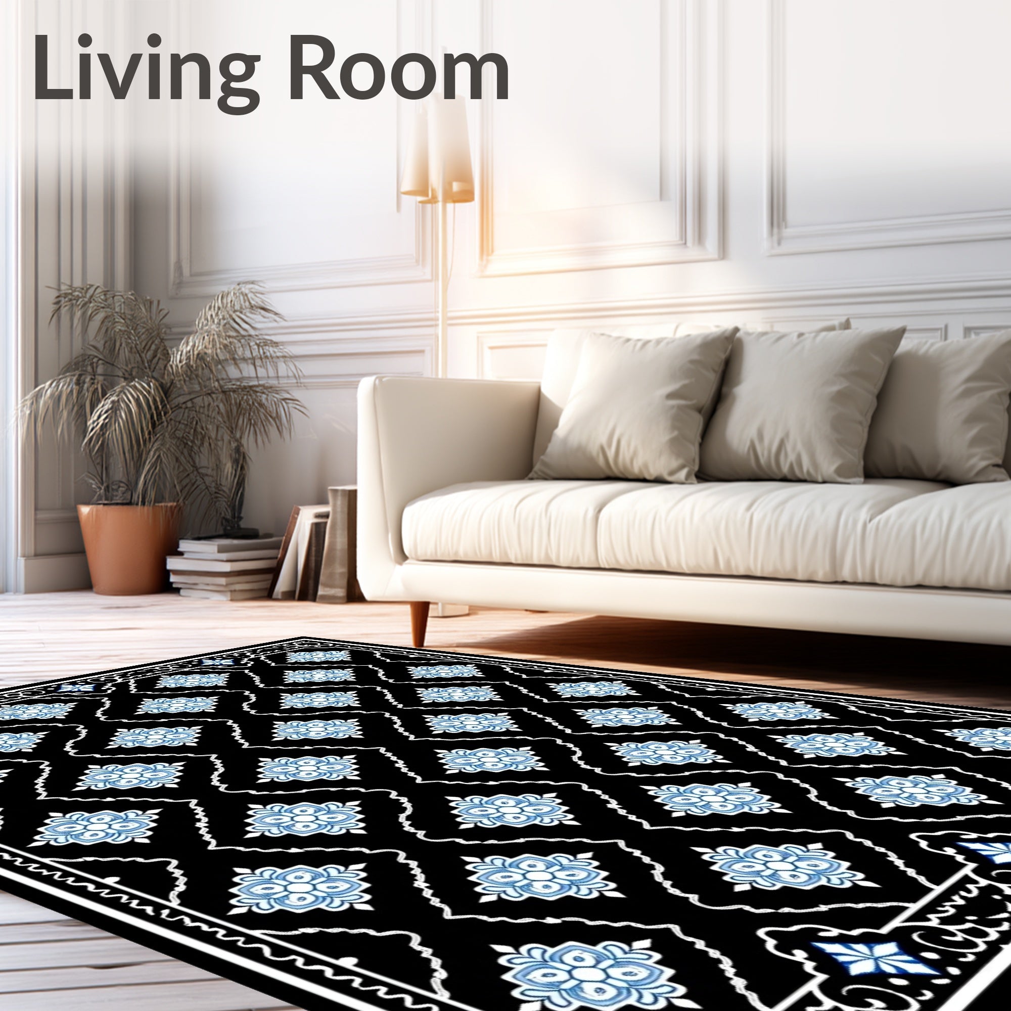 Black Blue Floral Diamond Medallion Rug