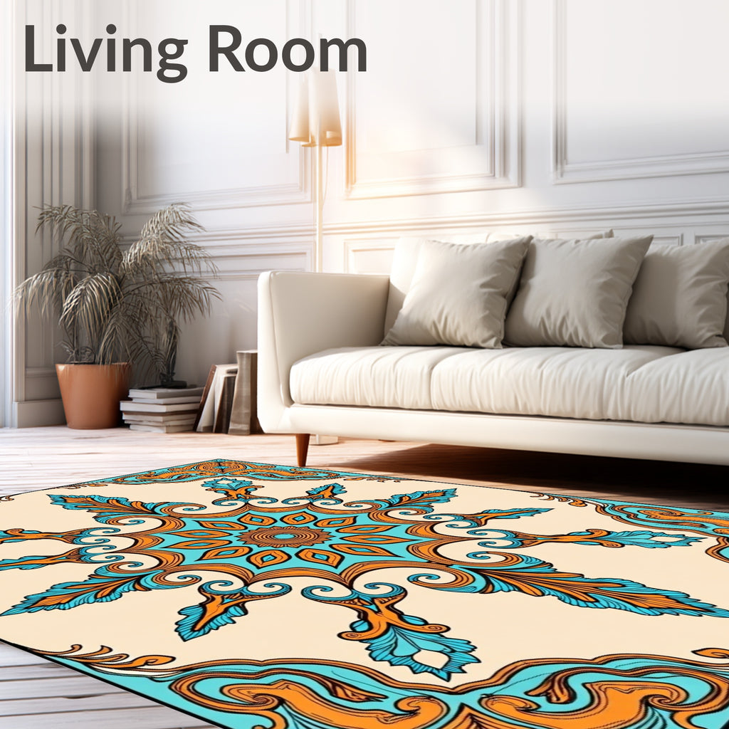 Symmetrical Teal Orange Floral Medallion Rug