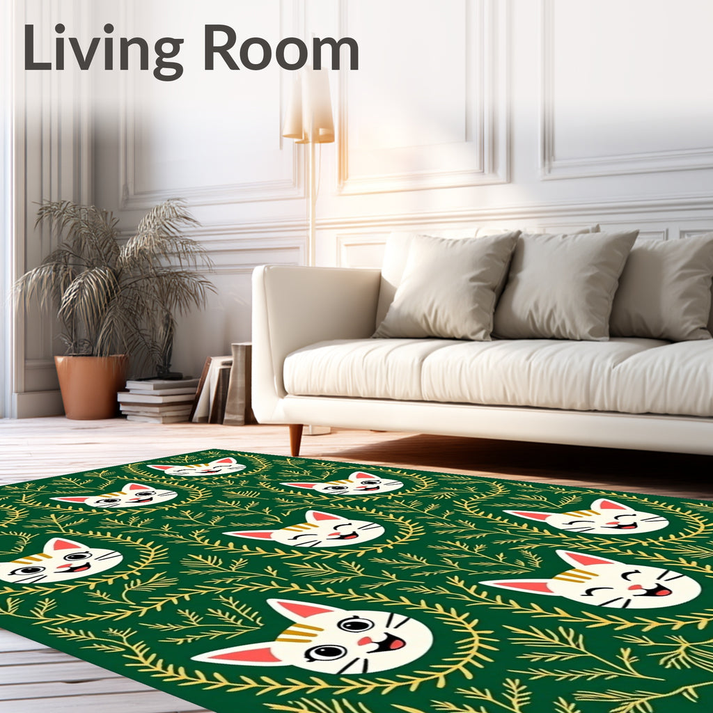 Whimsical Cat Faces Emerald Foliage Rug