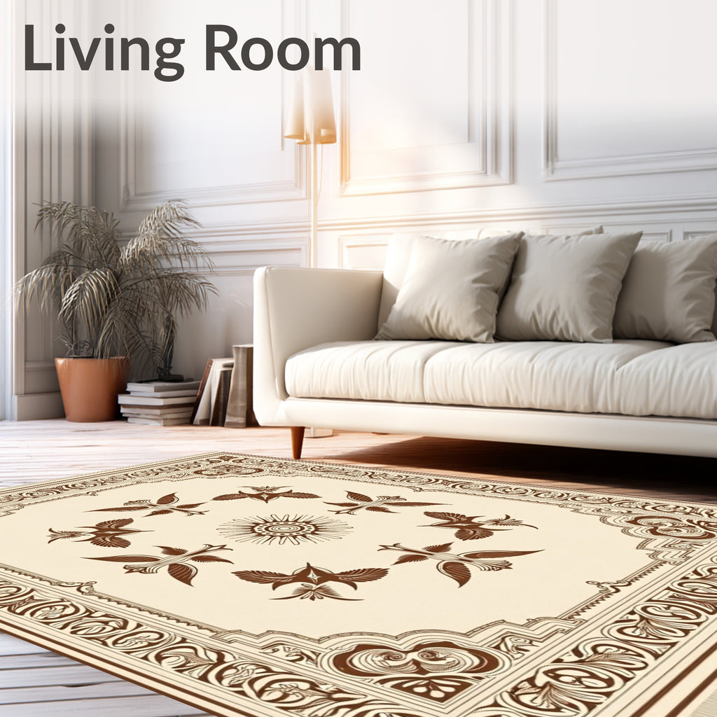 Ornate Brown Bird Sun Border Rug