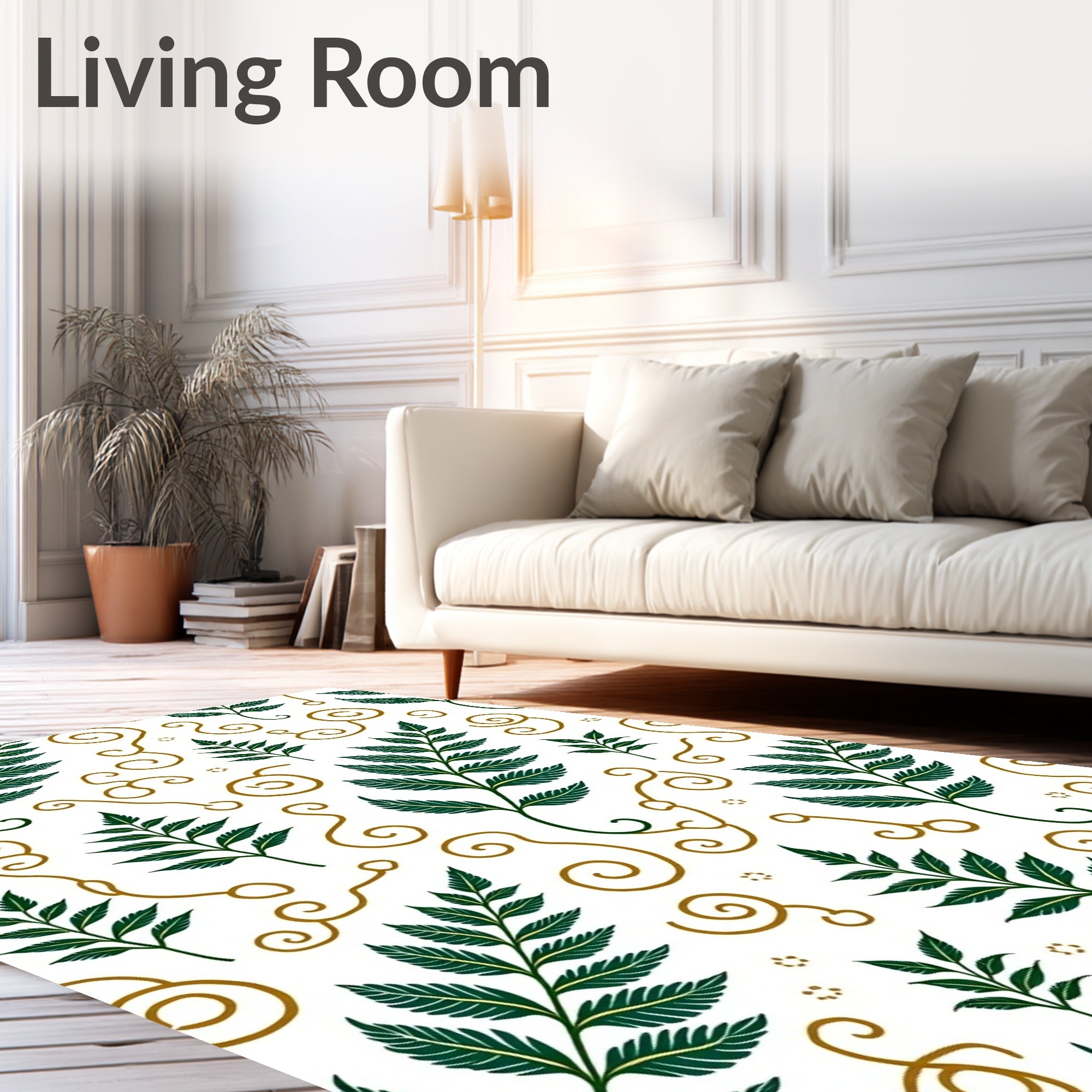Emerald Fern Swirls On White Rug