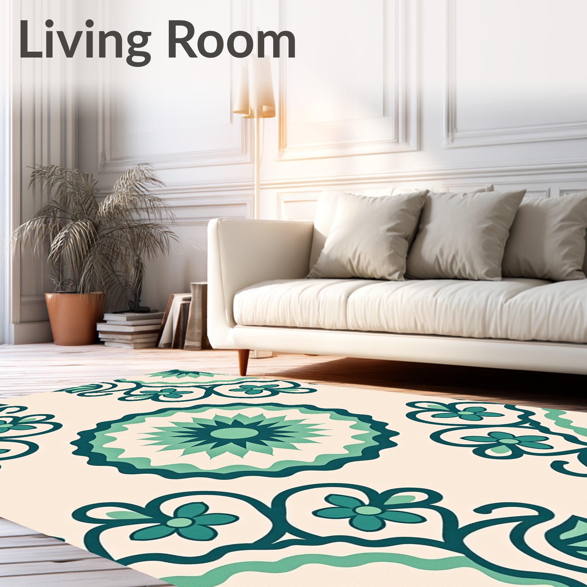 Teal Ivory Floral Medallion Rug