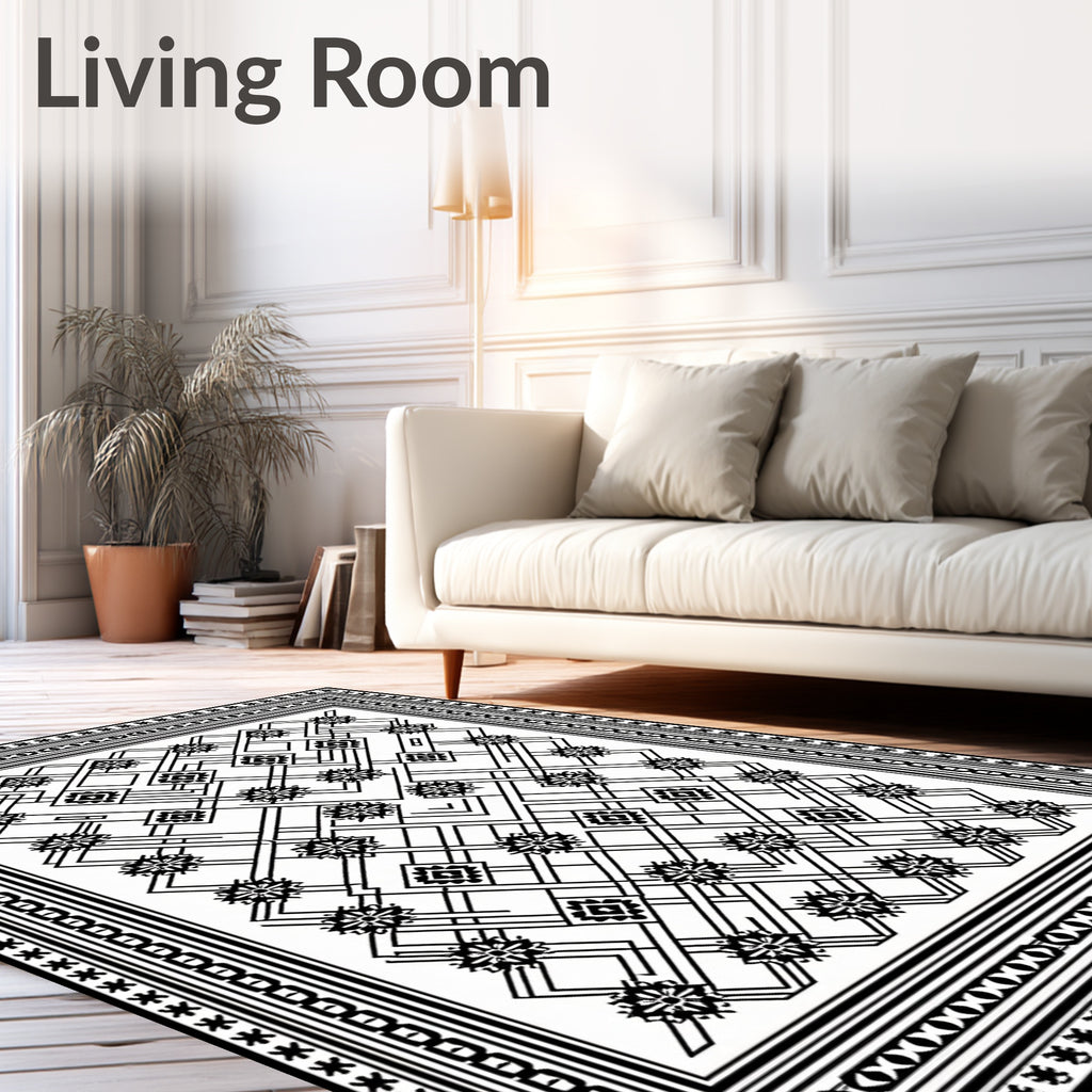 Bold Black Geometric Interlocking Stars Rug