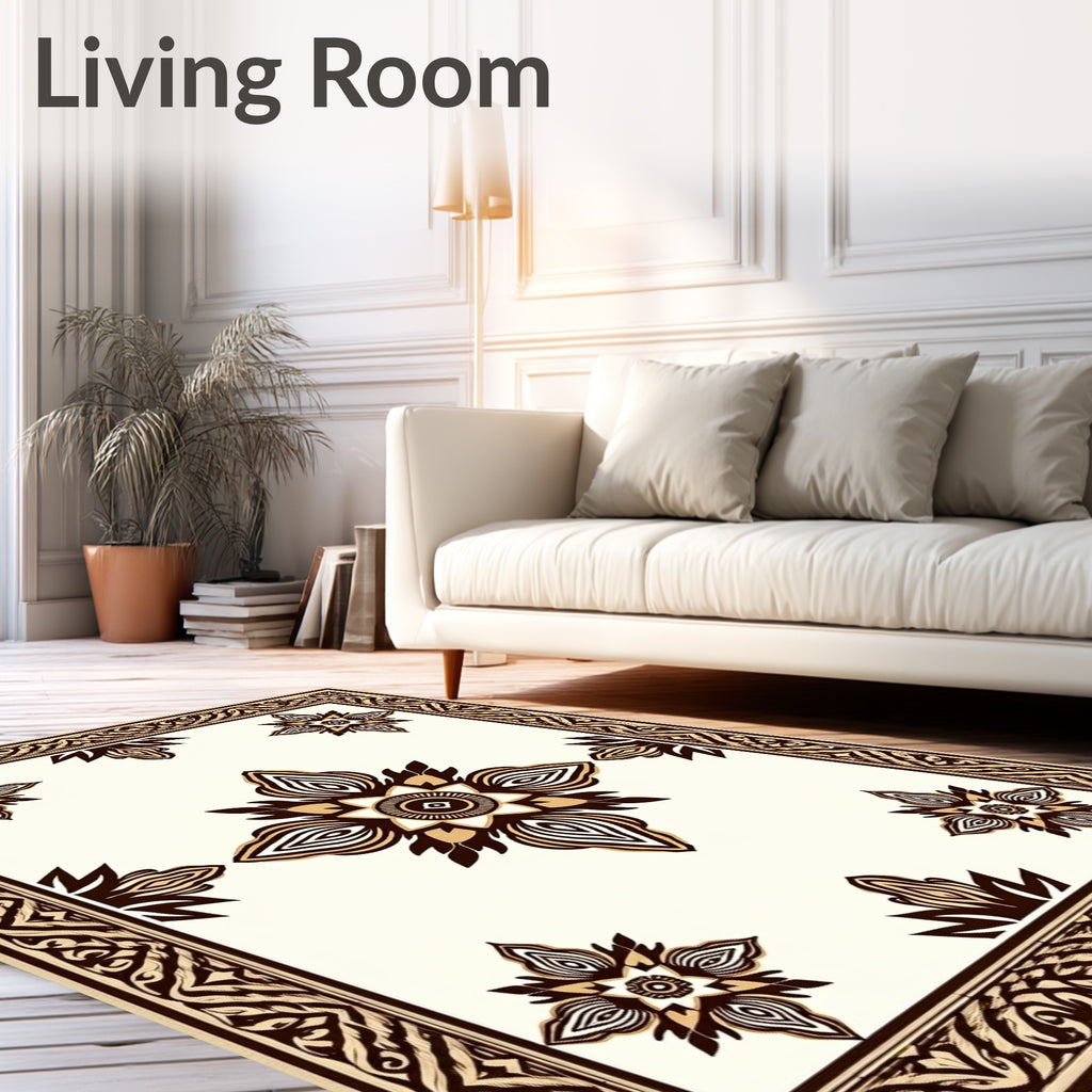 Cream Brown Floral Medallion Border Rug