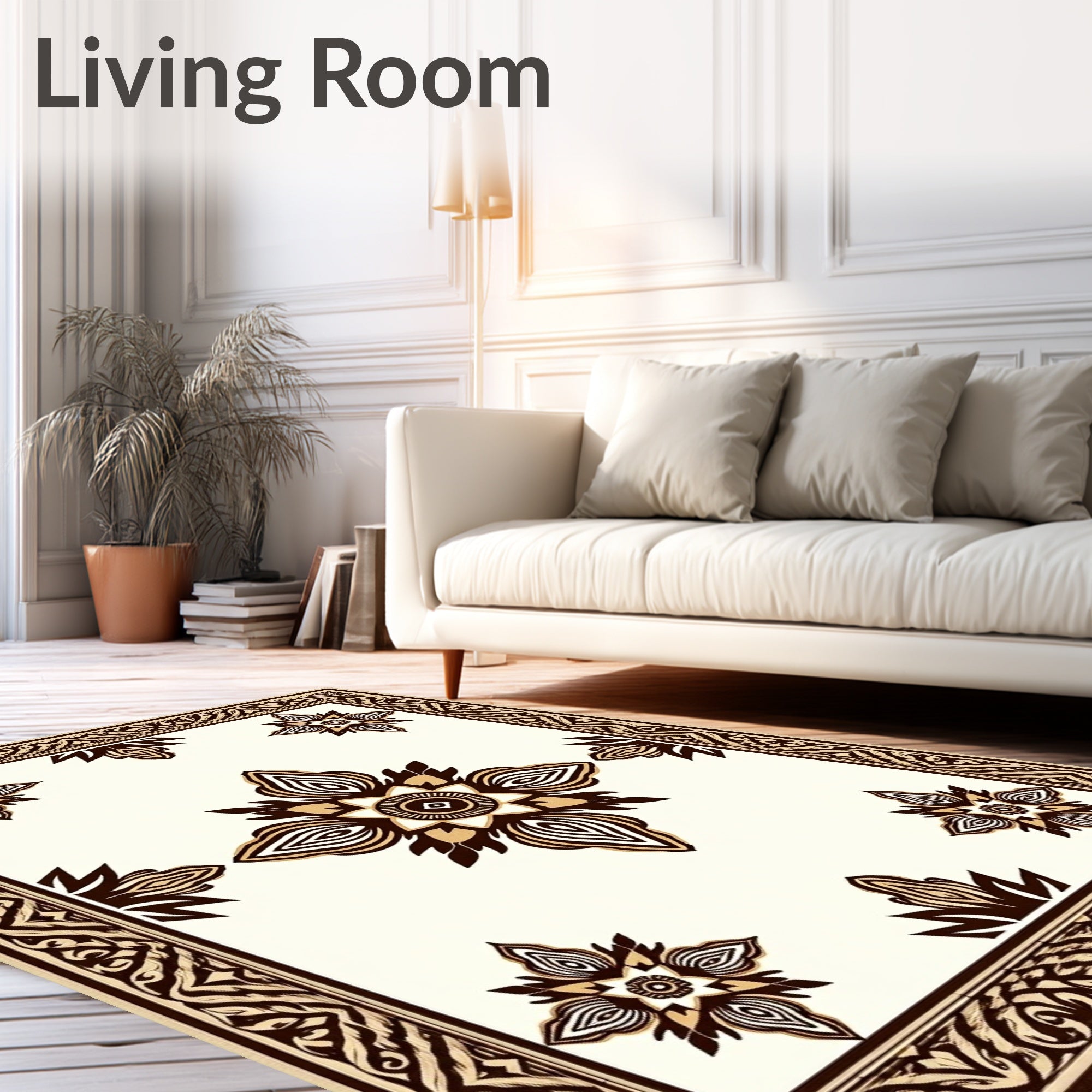 Cream Brown Floral Medallion Border Rug