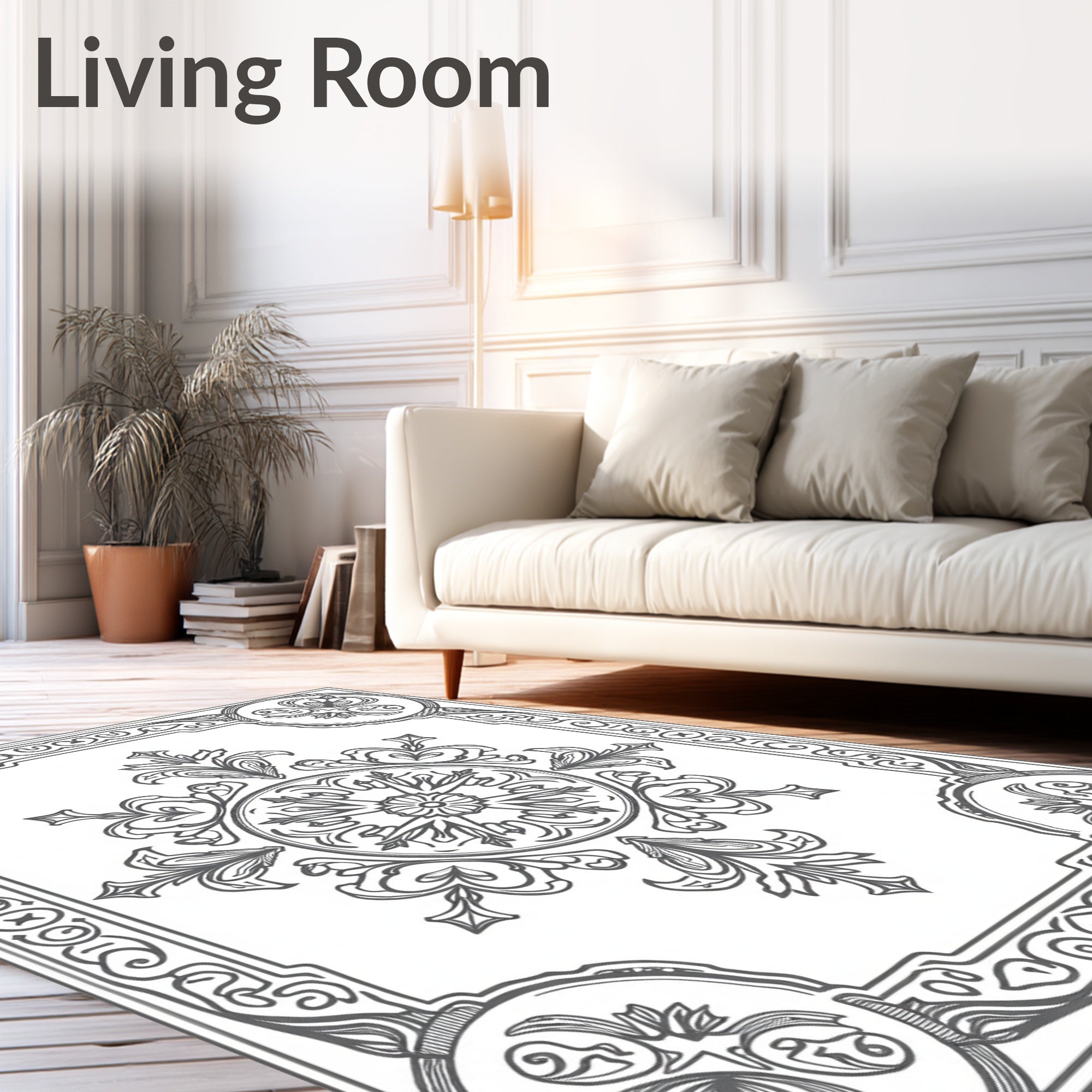 Ornate Gray Floral Medallion Frame Rug