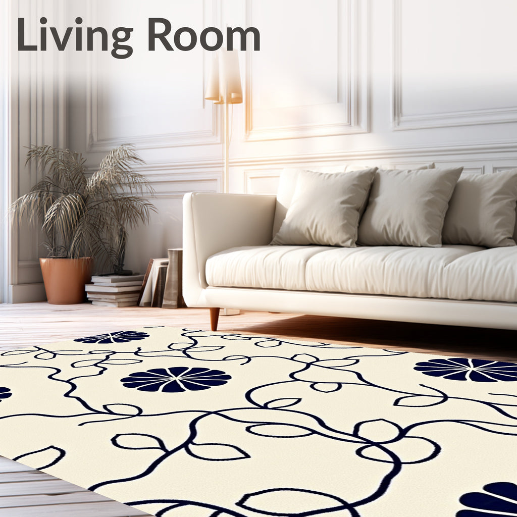 Navy Floral Vine Cream Background Rug