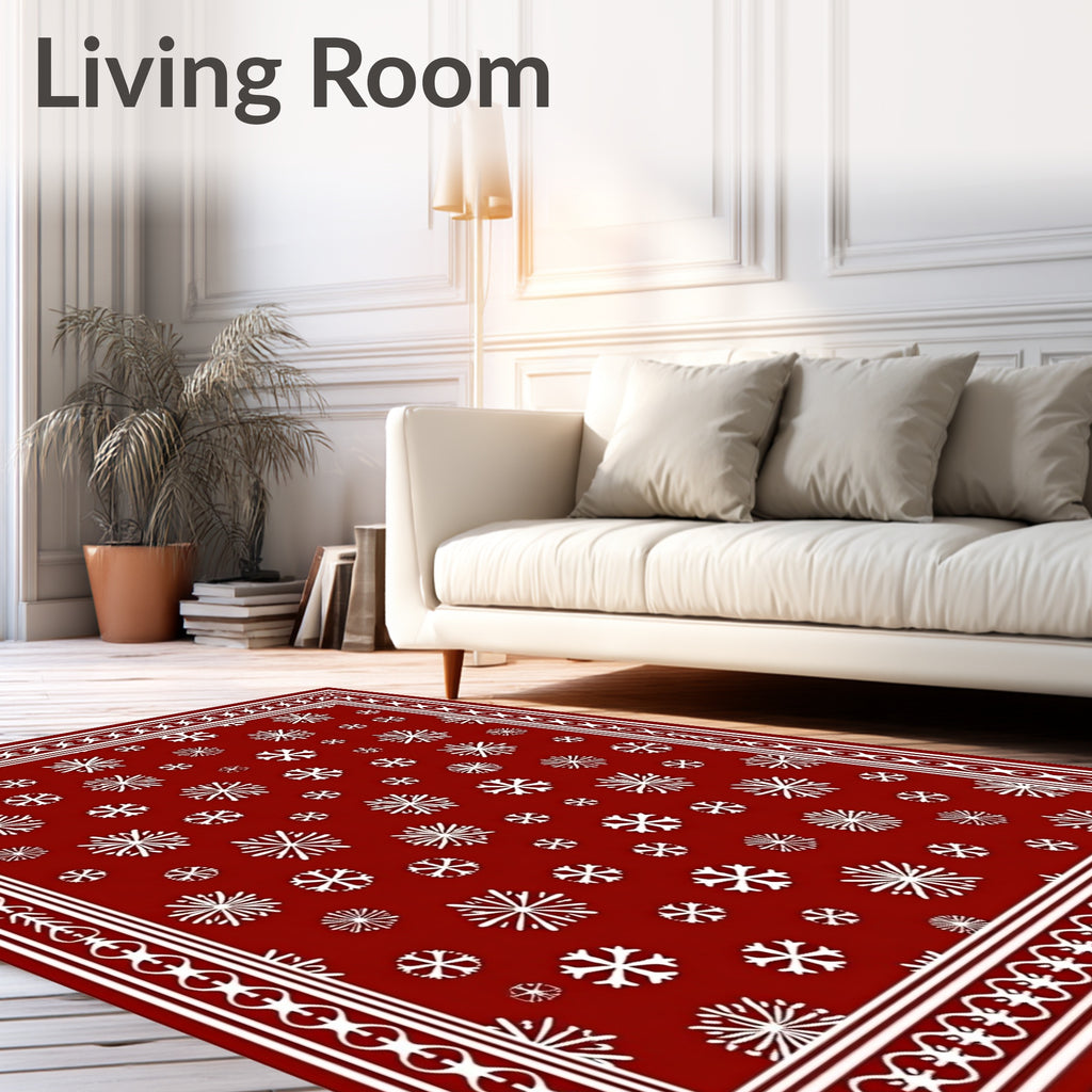 Crimson White Snowflake Scatter Border Rug