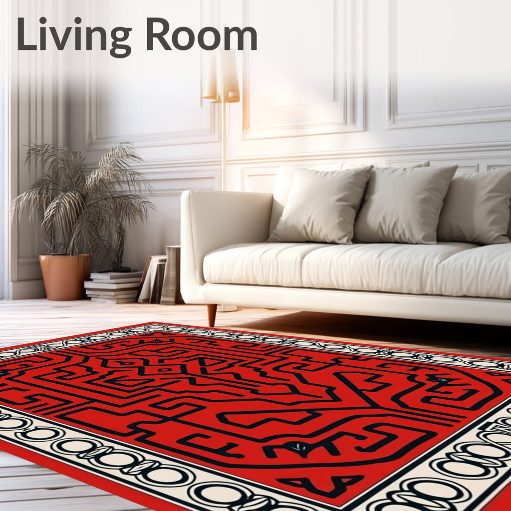 Bold Red Geometric Labyrinth Icon Rug