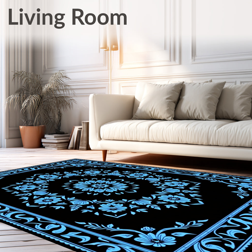 Sky Blue Floral Medallion Black Rug