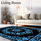 Sky Blue Floral Medallion Black Rug
