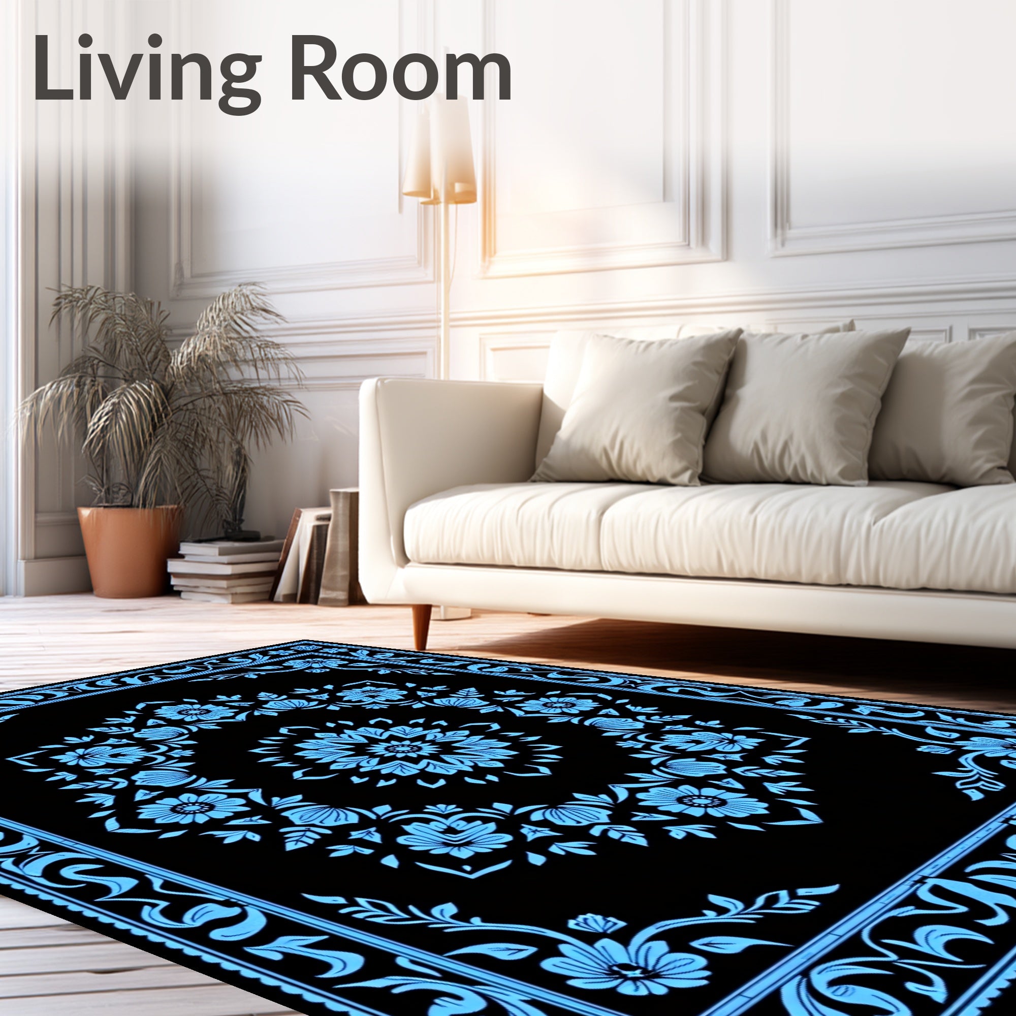 Sky Blue Floral Medallion Black Rug