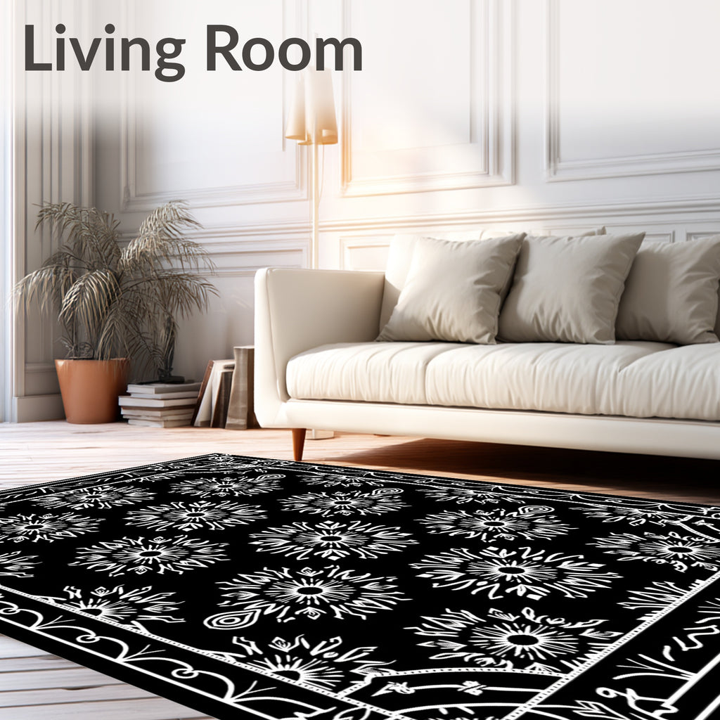 Black White Sunburst Mandala Frame Rug