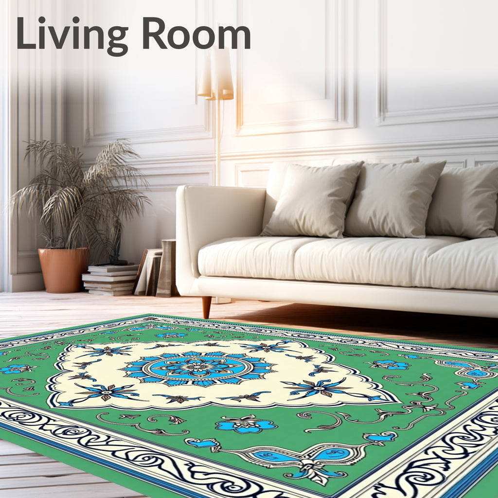 Green Blue Cream Floral Medallion Frame Rug