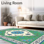 Green Blue Cream Floral Medallion Frame Rug