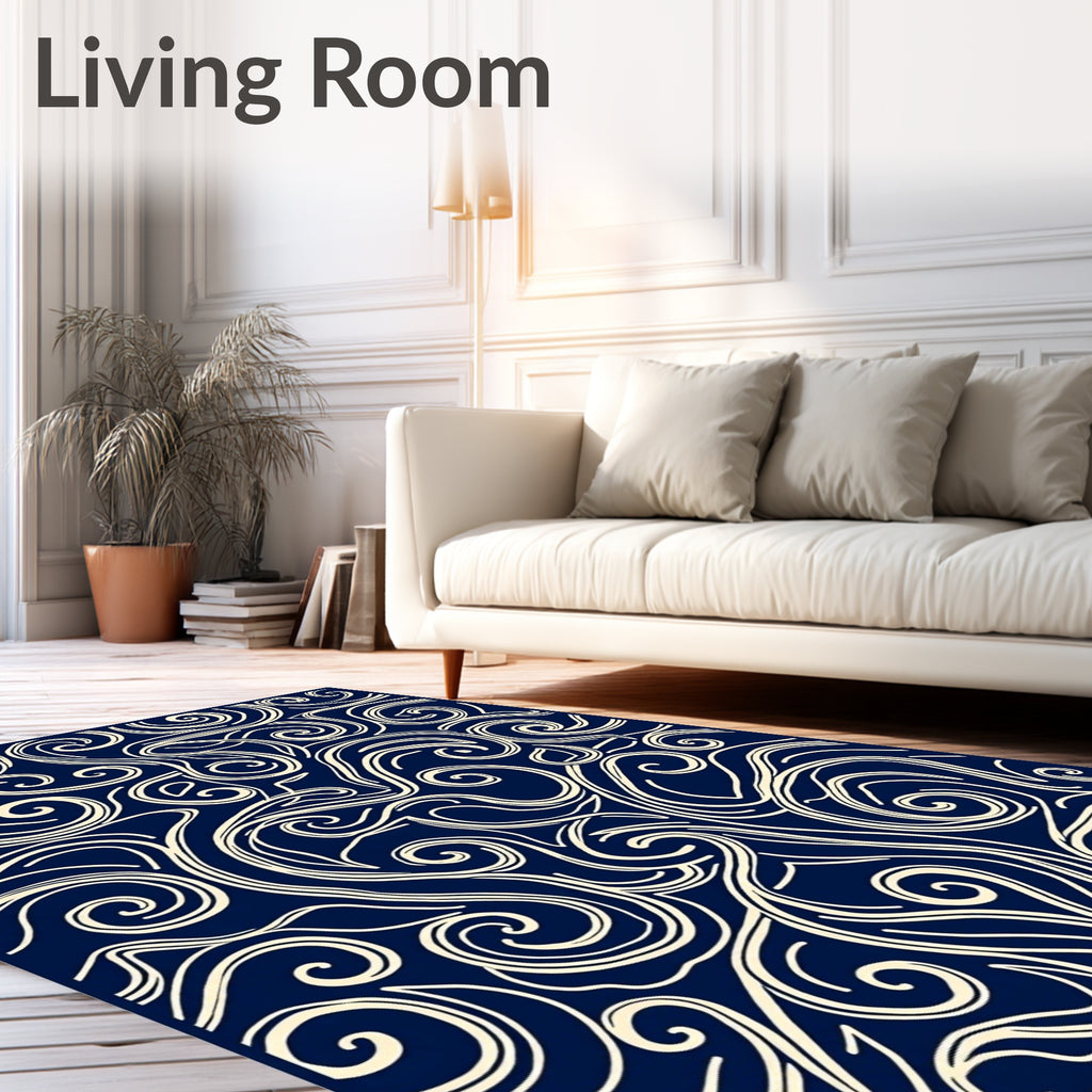 Navy Cream Swirling Abstract Lines Rug