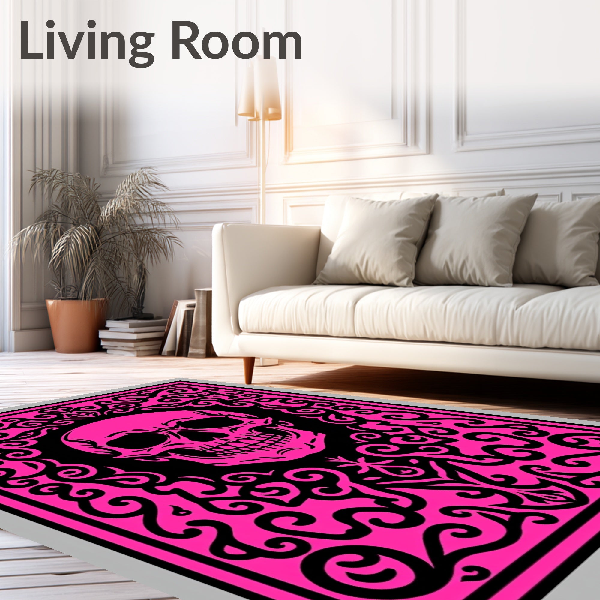 Vibrant Pink Skull Scrollwork Frame Rug