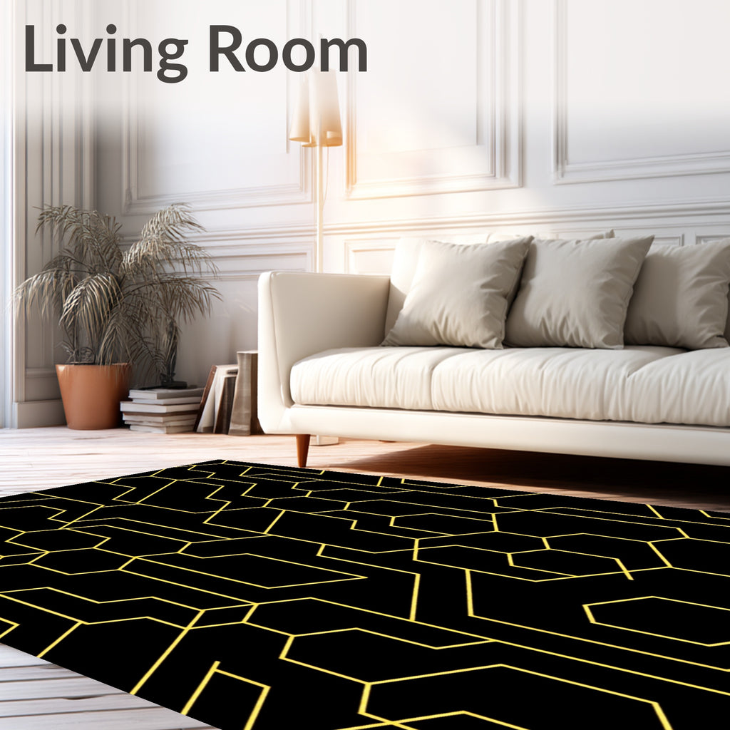 Black and Gold Geometric Network Rug