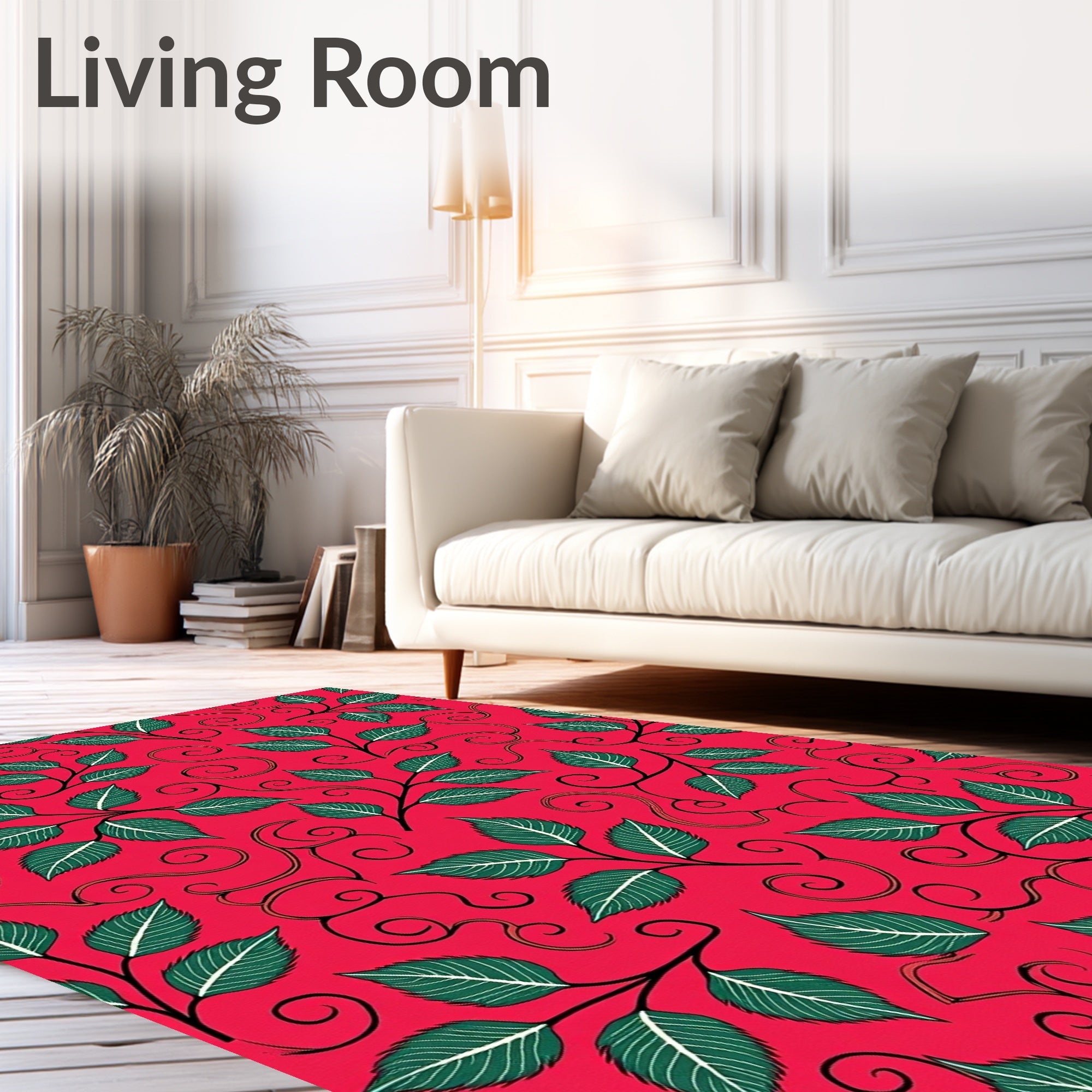 Red Teal Leaf Scrollwork Rug