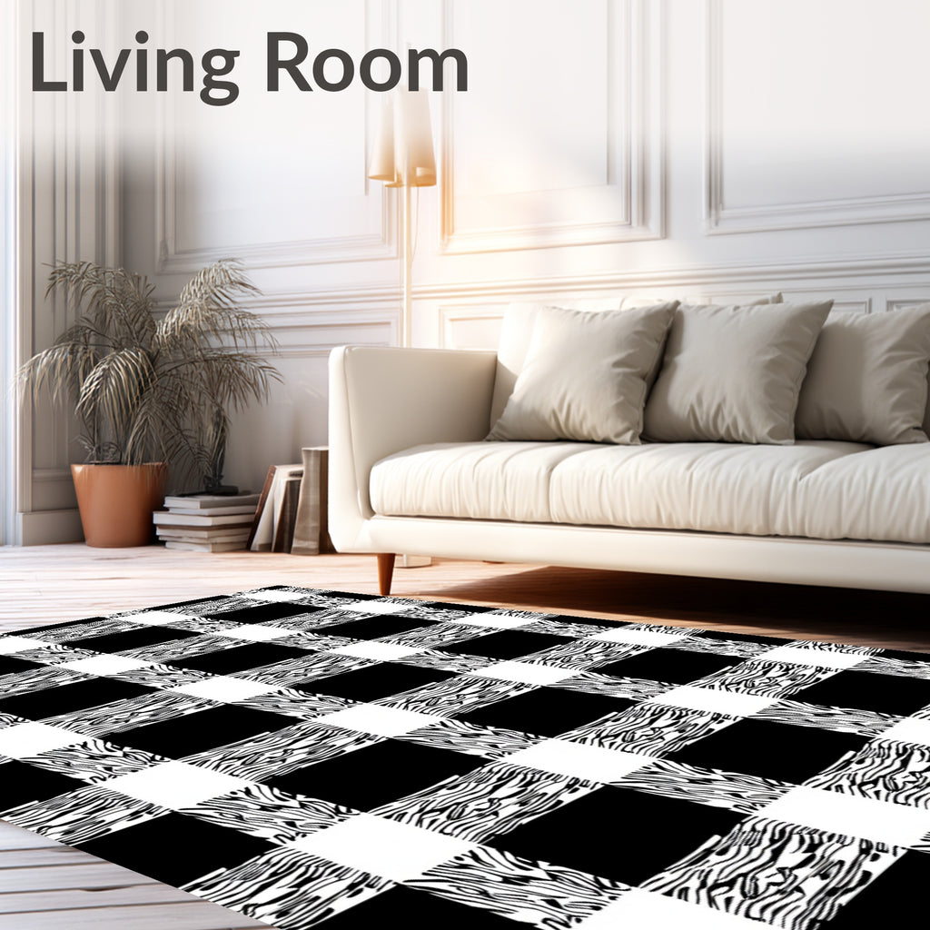 Monochrome Checkered Organic Swirl Rug