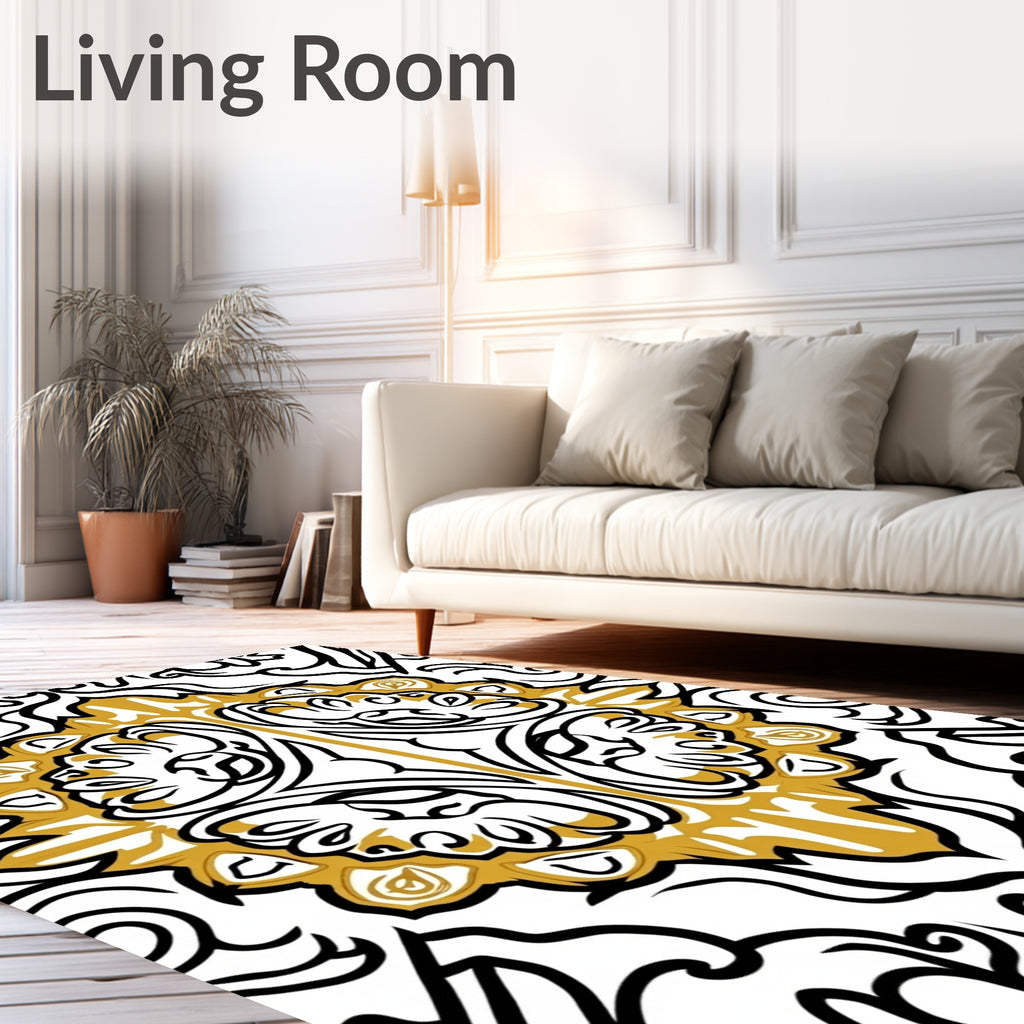 Gold and Black Symmetrical Floral Medallion Rug
