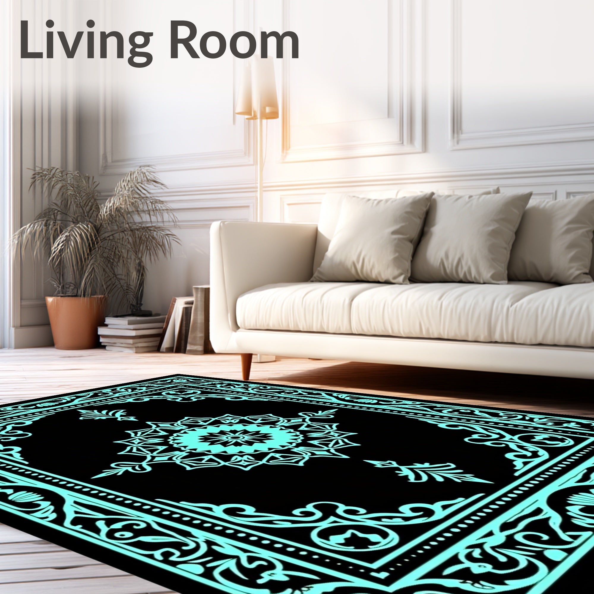 Aqua Black Intricate Medallion Border Rug