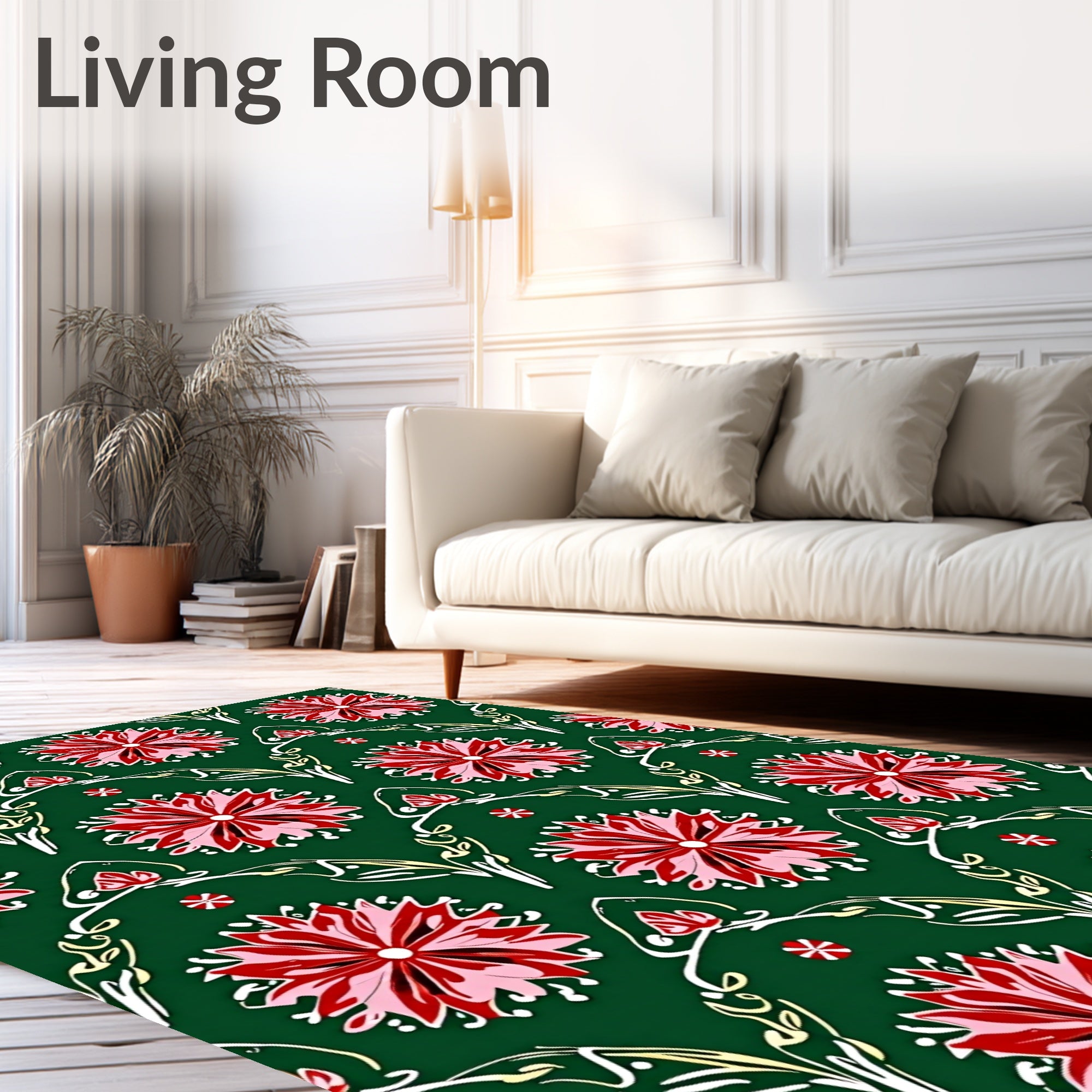 Crimson Floral Swirl Green Rug