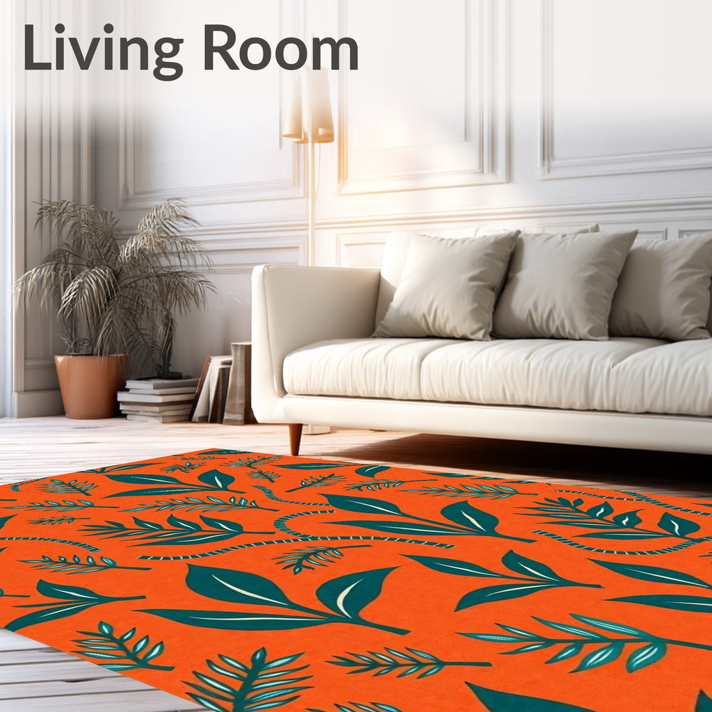 Vibrant Orange Teal Tropical Leaf Arrangement Rug